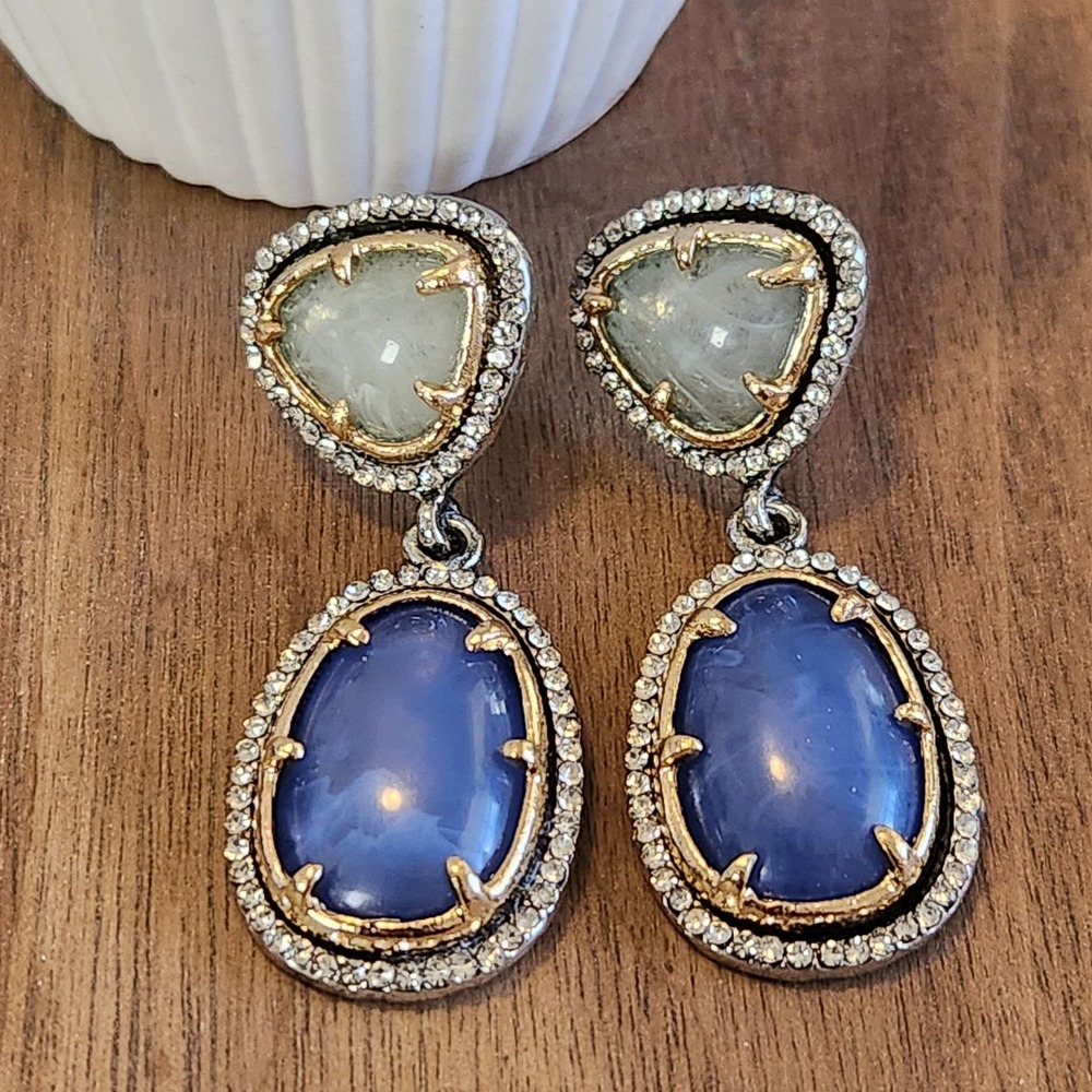 Blue Green Cabochon Drop Earrings Silver Gold Tone Pave Crystal Statement 1.75"